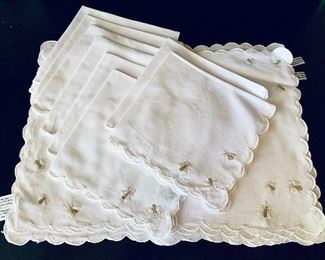 $75 Anna Weatherley silver and gold bee embroidered placemats and napkins.  6 mats, 8 napkins