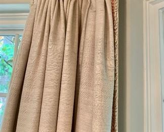 $600 per panel. Raw silk double-lined pinch pleat drapery with trim. Four panels and each panel is 7"H x 76"W.   Two additional panels 7'6"H x 93"W