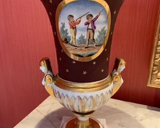 $695 Antique unmarked "Old Paris" urn with hand painted figural designs of young boys playing.  Approx 14.5" H.