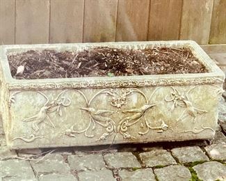 $150 Rectangular cement planter with hummingbirds. 29"W,  14.25"D