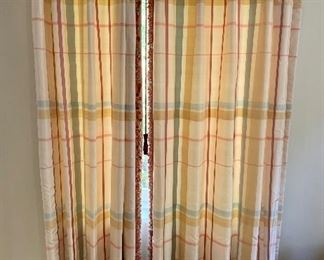 $2,400 Four(4) pinch pleat scalloped edged plaid silk taffeta drapery panels;  double lined with tassel trim.  Hardware NOT included.  Fits two windows.
