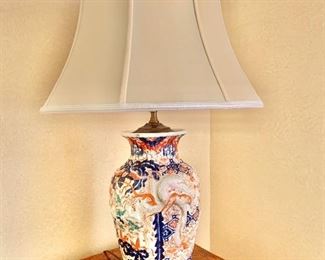 $795 Porcelain Imari lamp with silk shade 27.5" H (1 available)