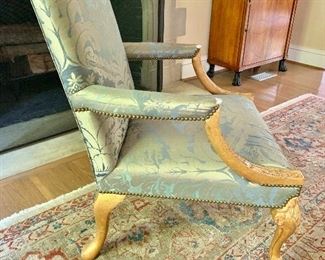 Detail:  Minton-Spidell 25% down material George II style gilded silk damask upholstered armchair with nailhead trim.