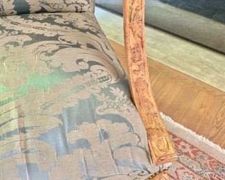 Detail: Minton-Spidell 25% down material George II style gilded silk damask upholstered armchair with nailhead trim.