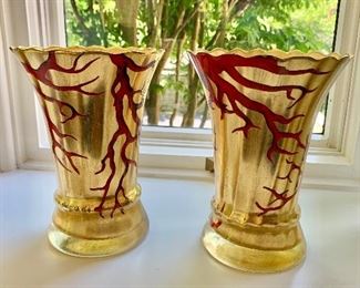 $200 for pair Coral art glass; 7.75"Hx5.5"D