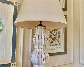 $350 white painted wood baluster lamp with opaline paper shade 31" H