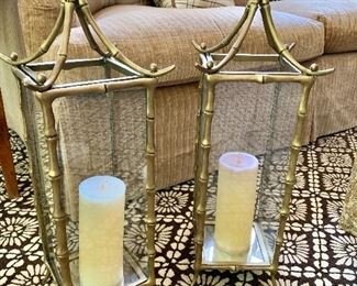 $495 for pair of bamboo style brass and glass hurricane lanterns 7.5" square 24"H