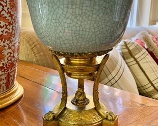 Detail: 19th Century antique french compote with blue crackleware bowl and ormolu stand.  