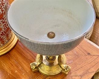 Detail: 19th Century antique french compote with blue crackleware bowl and ormolu stand.