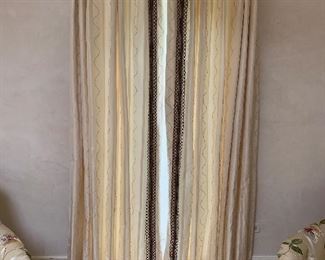 $800 Second view: one pair thermally lined draperies; embroidered silk moire stripe with knotted serpentine stripes and loop trim.  Pinch pleats with scalloped top.  Hardware NOT included.