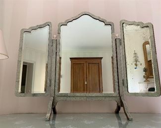  $2,500  Vintage English triple shagreen mirror on its own stand with beveled mirrors.  