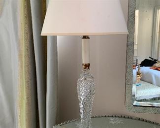 $400 PAIR:  English cut crystal candlesticks (electrified) with white opaline paper shades.  21.5"H