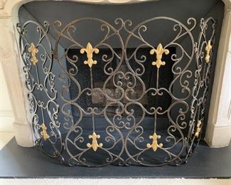 $695 fire screen 30.5"H x 50.5"W (middle panel 25.5"W) wrought iron with gold fleur de lis accents