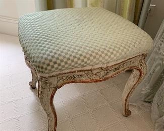 $595 Antique french stool with checkered chanille upholstry 18.5"H x 19.5"W x 18.5"D
