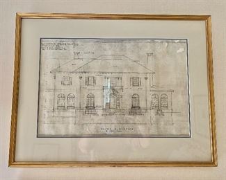 Pair of framed architecture blueprints.  Two of Two