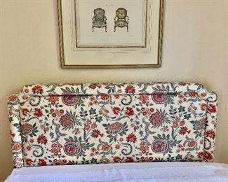 $595 Custom upholstered  queen headboard 43"H x 61.5"W (matching bedskirt included)