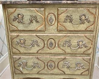 Second view: Reproduction chest of drawers in antique painted finish with marble top. Perfume bottles and tray sold separately.