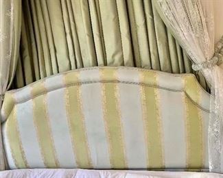 $900 Queen size custom upholstered headboard fiber sealed treated silk (pale green and off-white) with matching queen size lined dust skirt with triple pleats