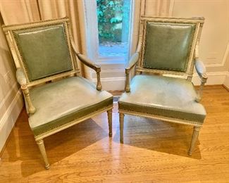 $1,600 Pair of Louis XVI arm chairs in green/gray leather with nailhead trim 37"H, 20"D, 24"W