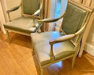 $1,600 Pair of Louis XVI arm chairs in green/gray leather with nailhead trim 37"H, 20"D, 24"W; second photo