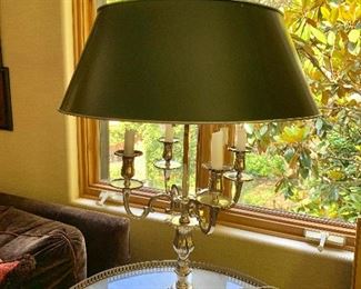 $1,595. Louis XIV Style Bouillotte Table Lamp.  Silver on Bronze with metal rimmed paper shade.    The center pipe holds the shade and allow it to be adjusted .  36"H to top of finial