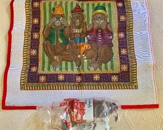 $125 LOT Hand Painted "Hear no evil, see no evil...." Needlepoint canvas and thread selections.  