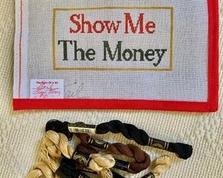 $55 Needlepoint canvas "Show Me The Money" with selected threads