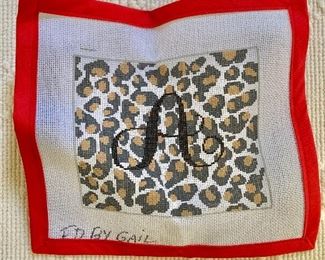 $25 "A" on leopard background small unworked needlepoint canvas.