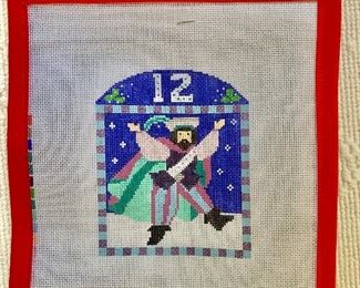 $120 LOT OF 12 "Twelve days of Christmas" needlepoint ornament canvases.  Complete set.  "1" and "2" partially worked; "3"-"12" unworked.
