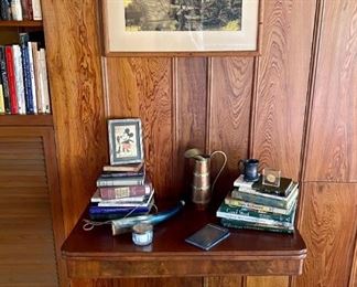 Empire mahogany card table, Louisiana history books, early Mickey Mouse, baby cup, and watercolor