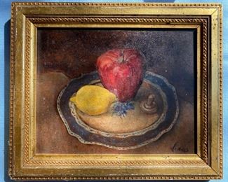 Exquisite oil on board still life in yellow gold frame. 