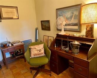 groovy swivel office chair in olive, rolltop desk (not super heavy), nautical prints, carved wooden lamp