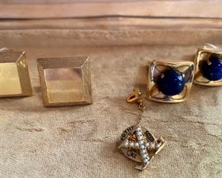 All 14k: two sets of deco cufflinks, one with lapis. Pearl "X" pin. These items will be kept up at the checkout desk, please ask to see them.