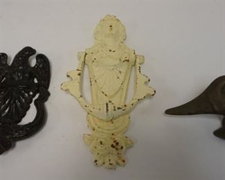 1001	LOT OF 3 METAL DOOR KNOCKERS, CAST IRON EAGLE AND VICTORIAN LADY AND BRASS GOOSE HEAD
