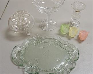 1021	LOT, GLASS COMPOTE, VASE, FLOWER FROG, RABBIT CANDLE HOLDERS
