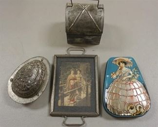 1022	4 PC LOT, EASTER EGG MOLD, ASIAN PHOTO TRAY, TIN DOME TOP BOX, VINTAGE CANDY TIN
