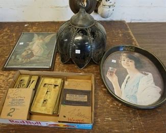 1028	LOT COKE TRAY, 2 BRASS STENCIL SETS, HANGING FIXTURE, AND FRAMED LITHO OF AN ANGEL
