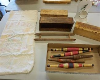 1033	LOT 3 WOOD BOXES AND ENAMEL CUP AND HOLDER
