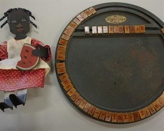 1036	2 PC LOT FOXY TOYS CHILDS SPELLER AND TIN FOLK ART STYLE DOLL
