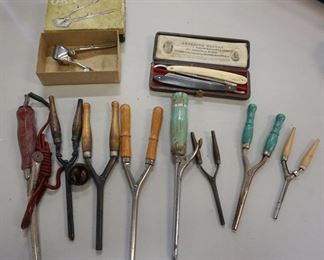 1037	LOT OF 8 CURLING IRONS, 2 STRAIGHT RAZORS AND CLIPPERS IN BOX
