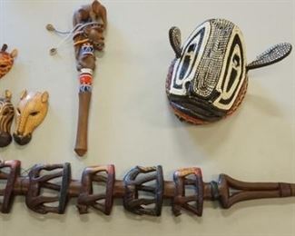 1060	LOT OF AFRICAN CARVINGS, MASK, AND CARVED ELEPHANT WALKING STICK
