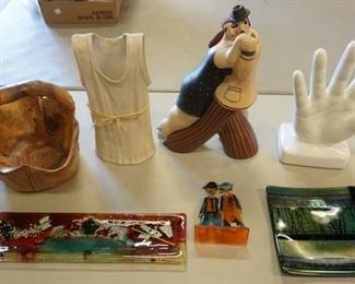 1061	COLLECTION OF DECORATIVE ACCENT PCS-POTTERY SCULPTURE, HAND, WOOD TREEN BASKET, AND ART GLASS DISHES
