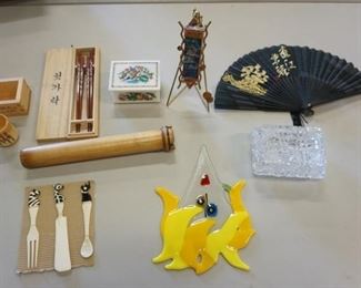 1063	LOT COVERED BOXES, FAN, AND WOOD KALEIDOSCOPE
