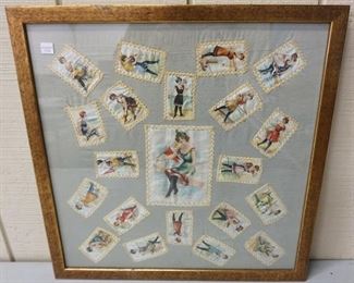 1064	FRAMED ANTIQUE CIGARETTE CLOTH PATCHES, VICTORIAN WOMAN IN SWIM SUITS AT VARIOUS SHORE POINTS
