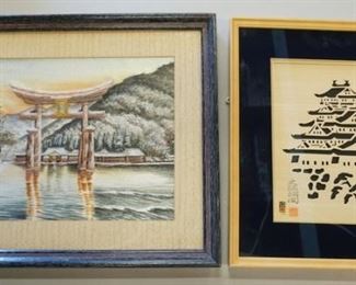 1066	LOT OF 2 FRAMED PAGOTTAS, SEWN CLOTH AND FRETWORK CUT WOOD
