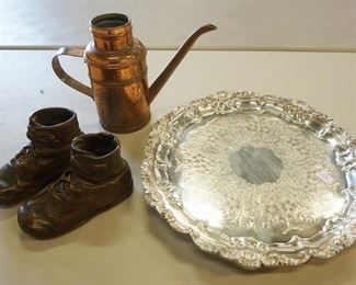 1069	LOT SILVER PLATE TRAY, BRONZED BABY SHOES, AND COPPER WATERER
