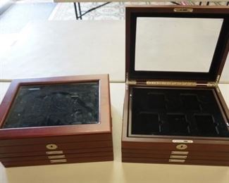 1071	GUARDHOUSE WOOD COIN DIPLAY CASES, 1 BOX TOP HINGE DAMAGED
