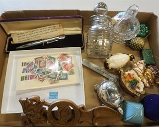 1078	TRAY LOT ASSORTED COVERED BOXES, TURTLE BELL, SILVER OVERLAY BOTTLE, PEN LIGHTER, STAMPS
