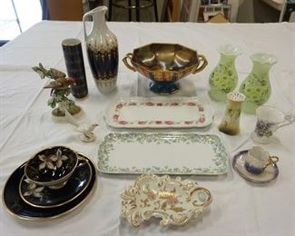 1093	LOT CHINA, COMPOTE, SERVING TRAYS, CUPS SAUCERS, RS GERMAN, HAT PIN HOLDER, ETC
