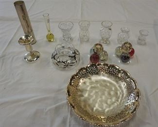 1095	LOT SILVER PLATE, SILVER OVERLAY VASE, CRYSTAL BUD VASES, CANDLE HOLDERS
